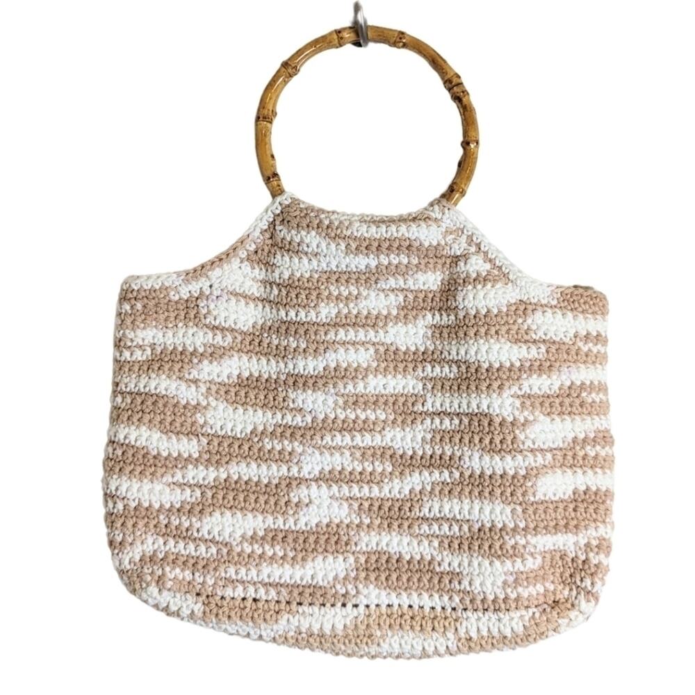 Boho Cottagecore Knit Wood Handle Handbag Floral Interior Wood Handle